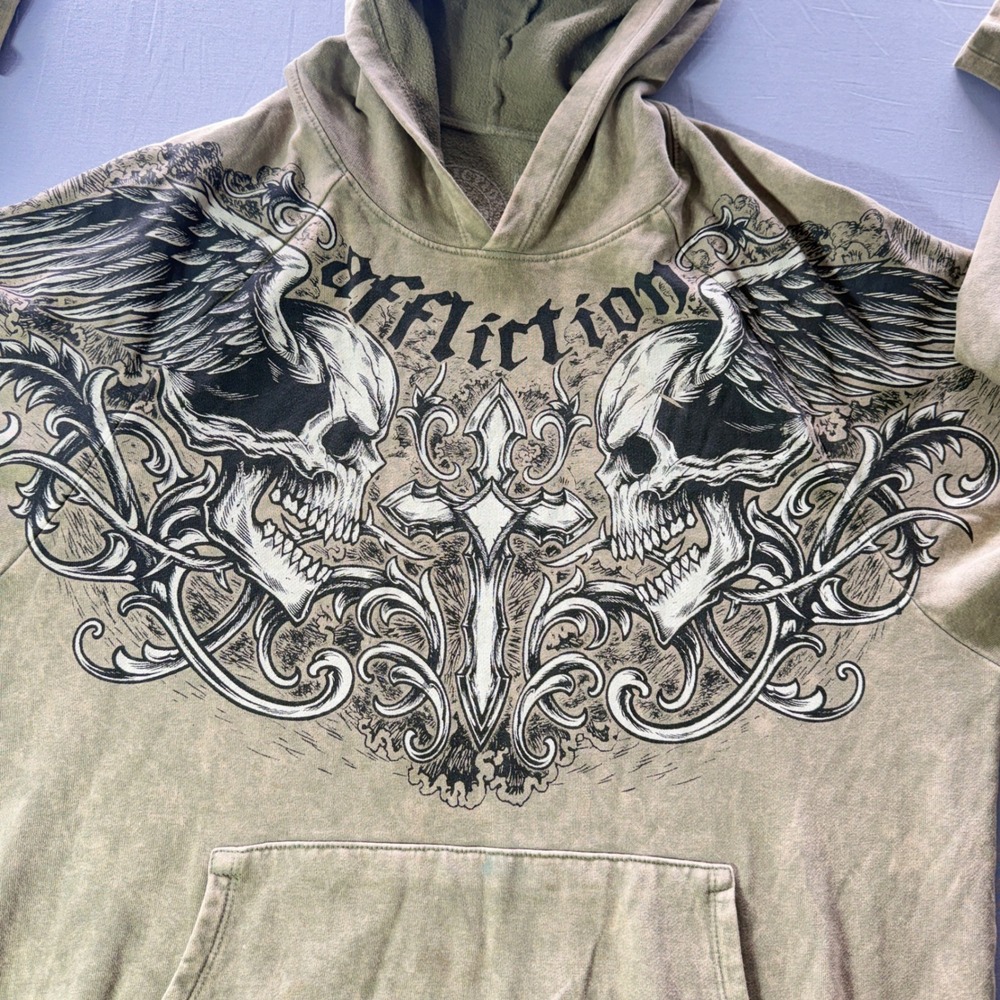Affliction Live Fast Mens Hoodie Green Acid Wash Skulls Cross Graphic Large - Picture 5 of 6